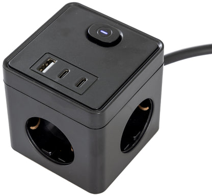 Steckdosen-Würfel mit USB-Ladebuchsen USB-A /USB-C,3-fach, 1,5m Kabel, schwarz