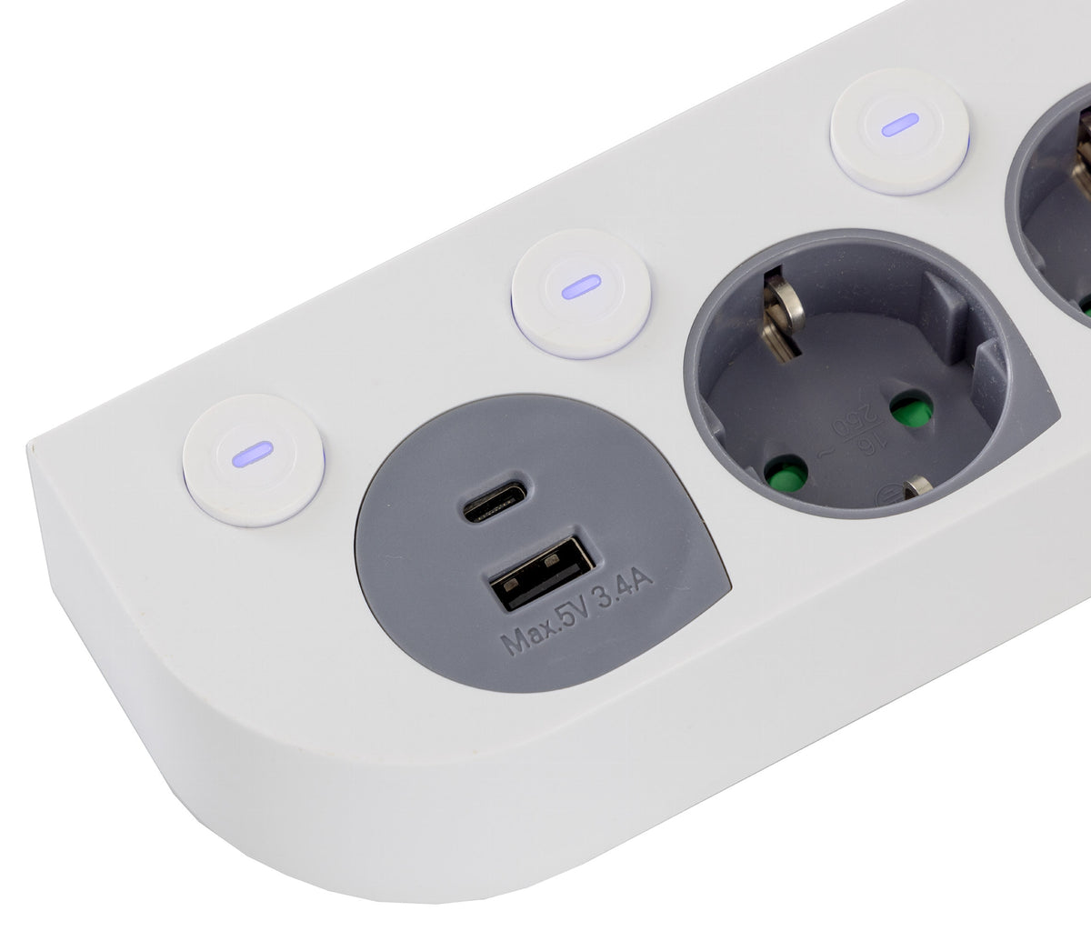 4-fach Steckdosenleiste mit Schalter USB-A / C, Einzelschaltung, 1,5m Kabel