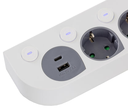 4-fach Steckdosenleiste mit Schalter USB-A / C, Einzelschaltung, 1,5m Kabel