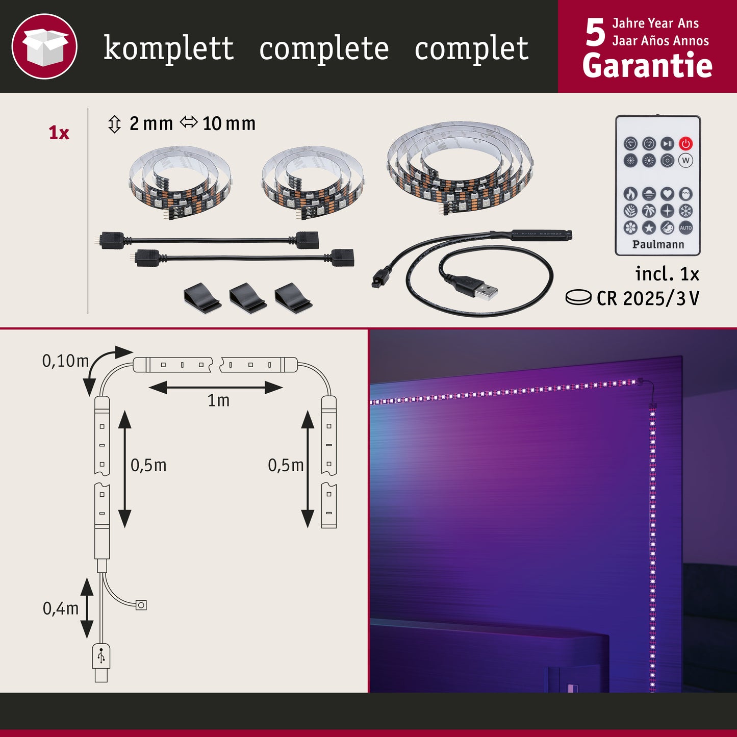 Paulmann USB LED Strip TV-Beleuchtung 55 Zoll 2m   3,5W  60LEDs/m RGB+