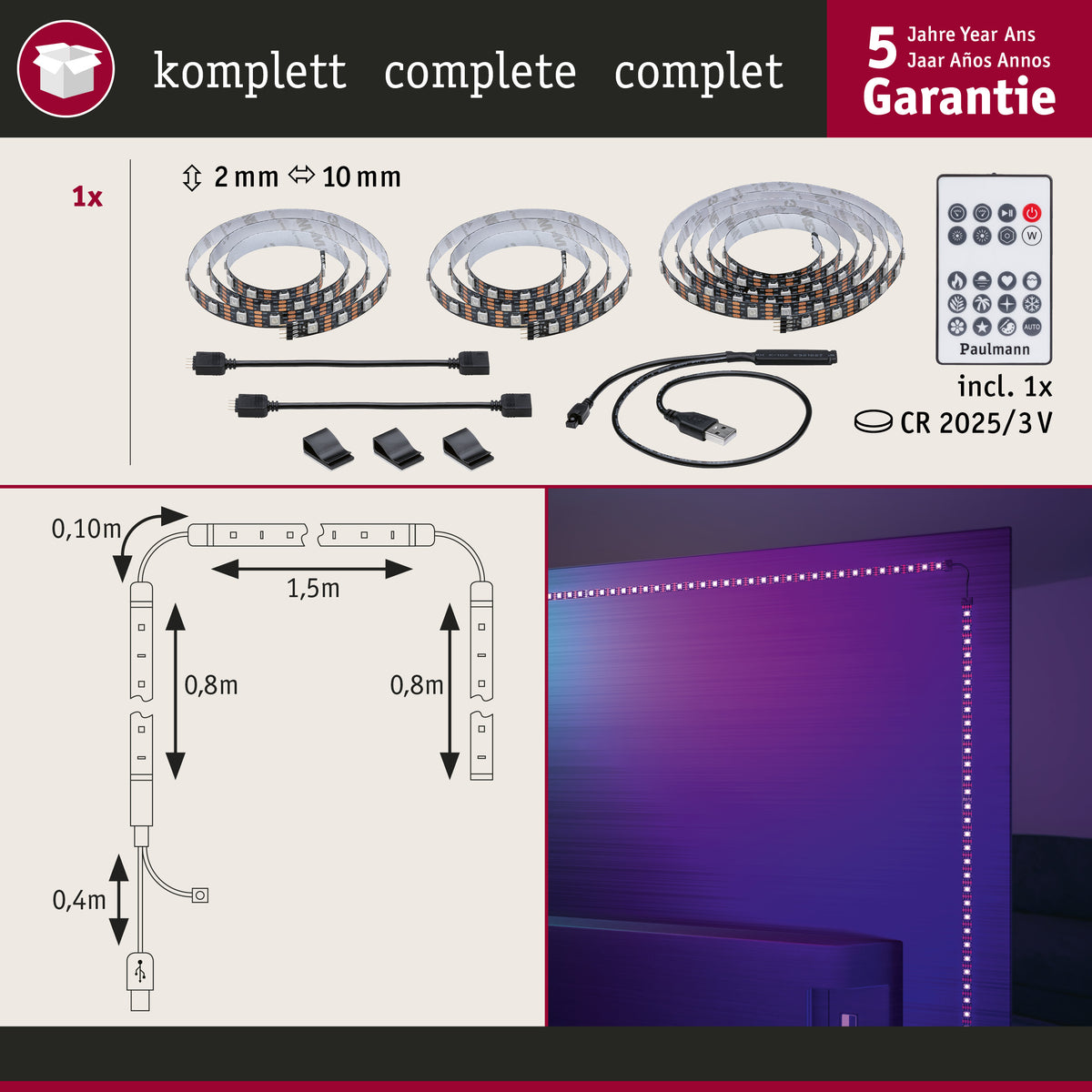 Paulmann USB LED Strip TV-Beleuchtung 75 Zoll 3,1m   5W  60LEDs/m RGB+
