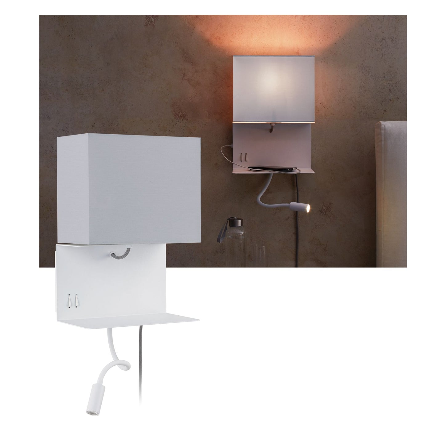 Paulmann Wandleuchte mit Ablage Merani E27 max. 40W/2,5W Beige/Weiß, Stoff/Metall