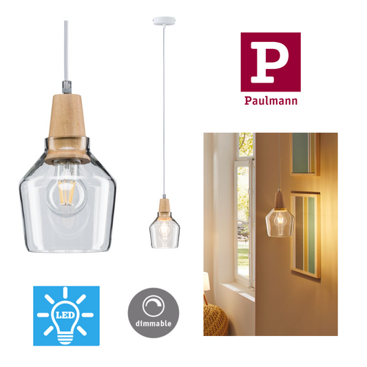 Paulmann Neordic Ylvie Pendelleuchte max.1x20W E27 Klar/Holz 230V Glas/Holz  