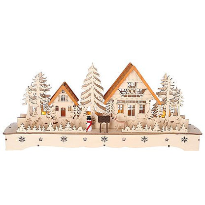 LED Holzsilhouette 'Dorf mit  Schneemann u Rentier' 3252-100