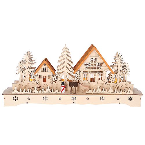 LED Holzsilhouette 'Dorf mit  Schneemann u Rentier' 3252-100