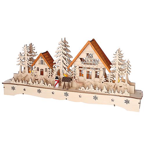 LED Holzsilhouette 'Dorf mit  Schneemann u Rentier' 3252-100