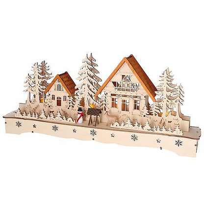 LED Holzsilhouette 'Dorf mit  Schneemann u Rentier' 3252-100