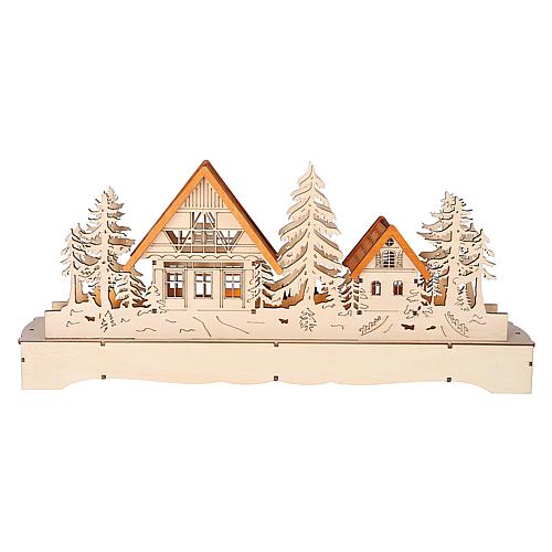 LED Holzsilhouette 'Dorf mit  Schneemann u Rentier' 3252-100