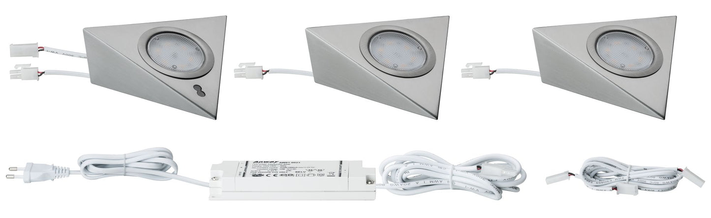 Paulmann Möbel ABL Set 3eck. LED PIR 3x2,8W 12VA 230/12V Eisen gebürstet Metall/Glas