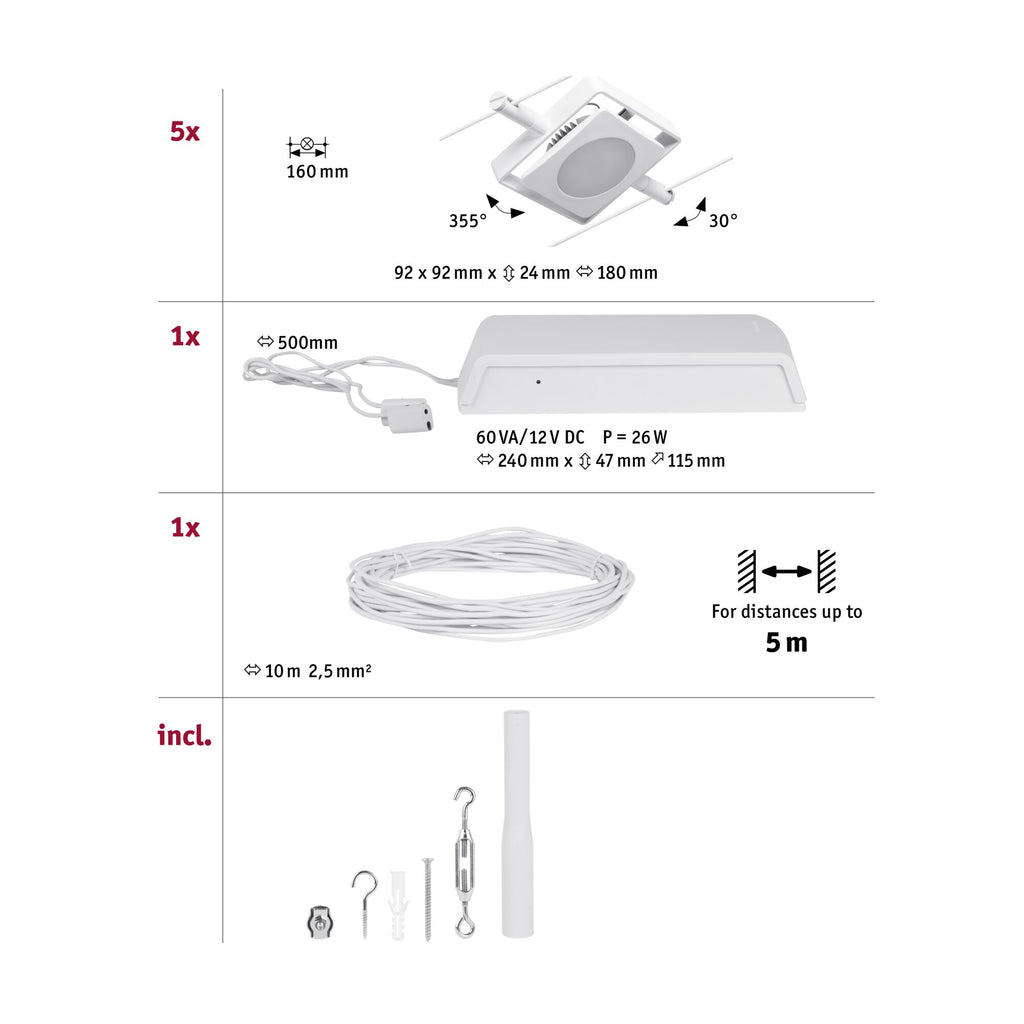 Paulmann Seilsystem Set MacLED Weiß,Chrom 5x4,5W  3.000 DC 60VA 5 Spots