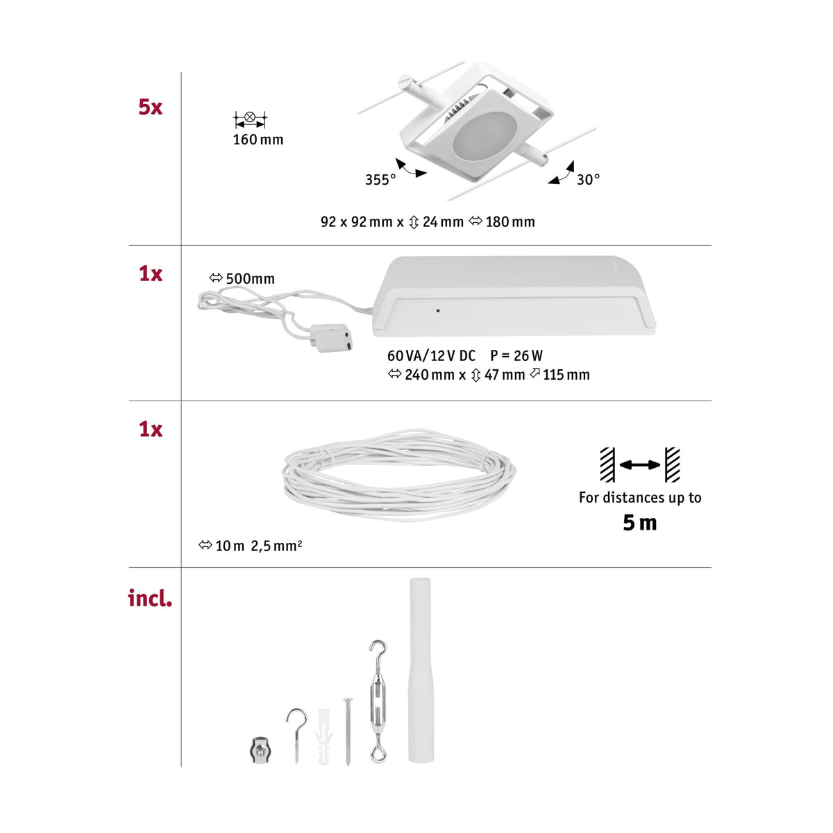 Paulmann Seilsystem Set MacLED Weiß,Chrom 5x4,5W  3.000 DC 60VA 5 Spots