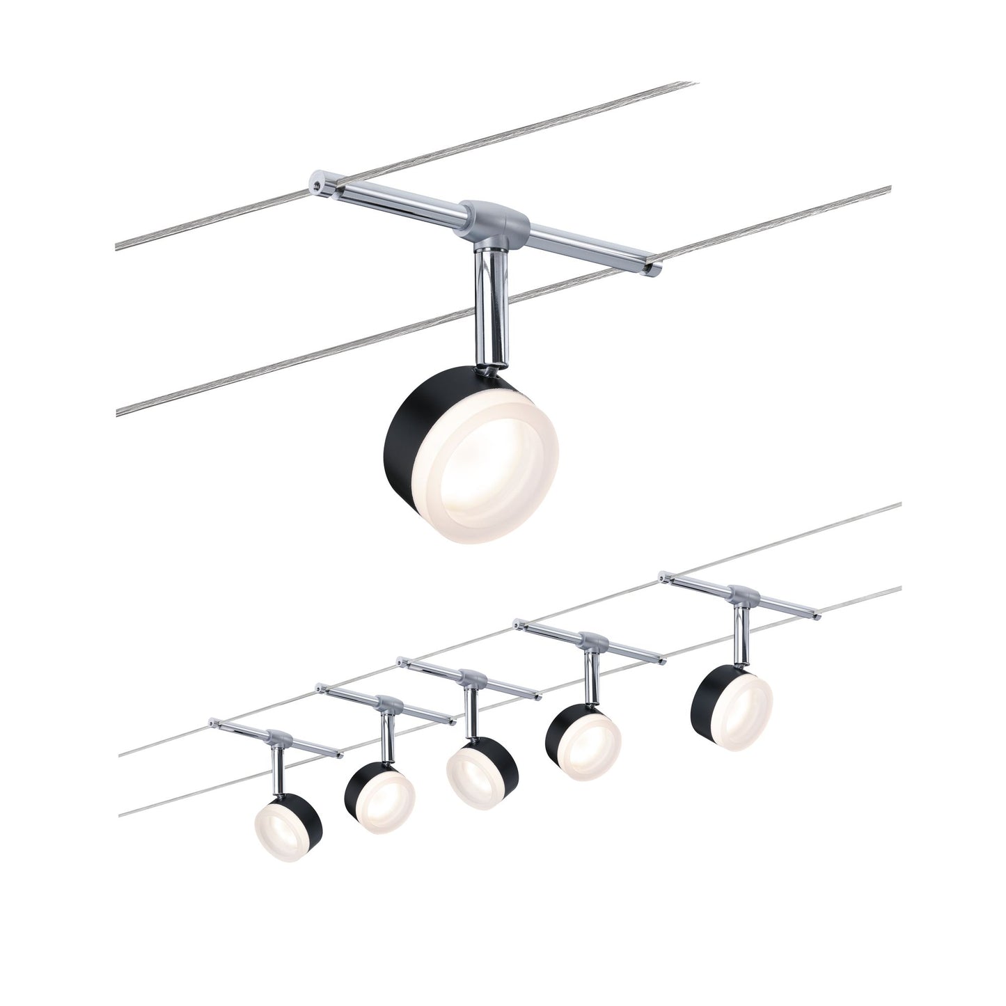 Paulmann Seilsystem ClearLED Schwarz#Chrom 5 Spots inkl. festverbauten Leuchtmittel 4W GU5,3 DC 60VA