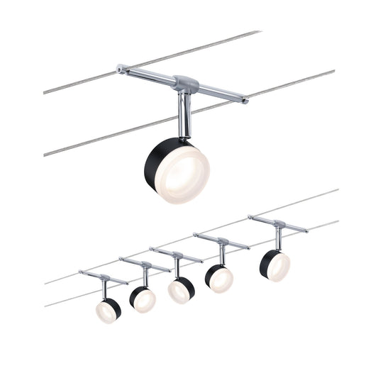 Paulmann Seilsystem ClearLED Schwarz#Chrom 5 Spots inkl. festverbauten Leuchtmittel 4W GU5,3 DC 60VA