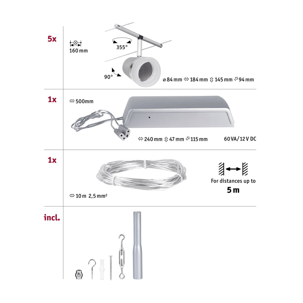 Paulmann Seilsystem Set Cone Chrom matt,Chrom 5 Spots ohne Leuchtmittel max. 5xW GU5,3 DC 60VA