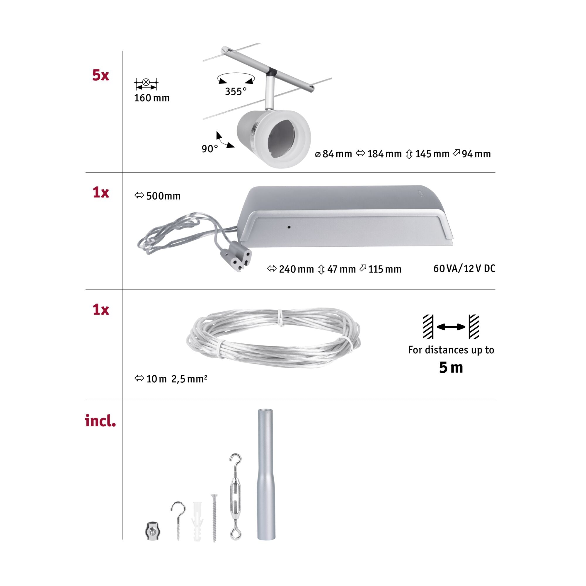 Paulmann Seilsystem Set Cone Chrom matt,Chrom 5 Spots ohne Leuchtmittel max. 5xW GU5,3 DC 60VA
