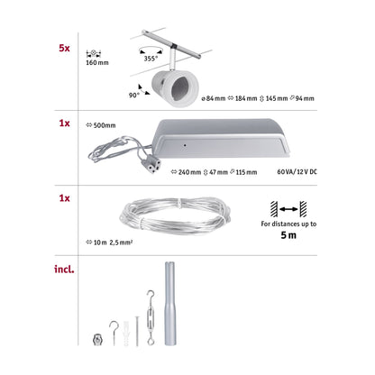 Paulmann Seilsystem Set Cone Chrom matt,Chrom 5 Spots ohne Leuchtmittel max. 5xW GU5,3 DC 60VA