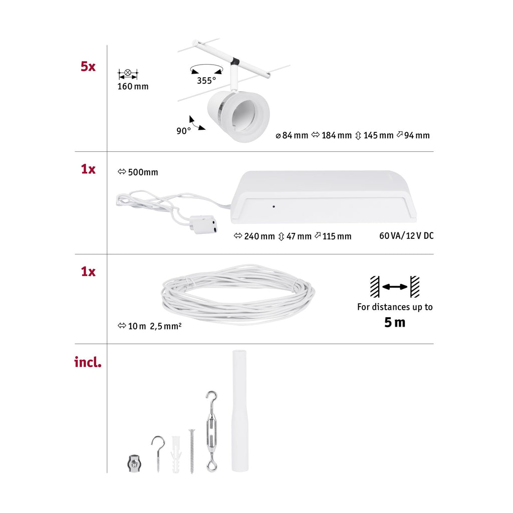 Paulmann Seilsystem Set Cone Weiß matt,Chrom 5 Spots ohne Leuchtmittel max. 5xW GU5,3 DC 60VA