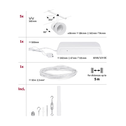 Paulmann Seilsystem Set Cone Weiß matt,Chrom 5 Spots ohne Leuchtmittel max. 5xW GU5,3 DC 60VA