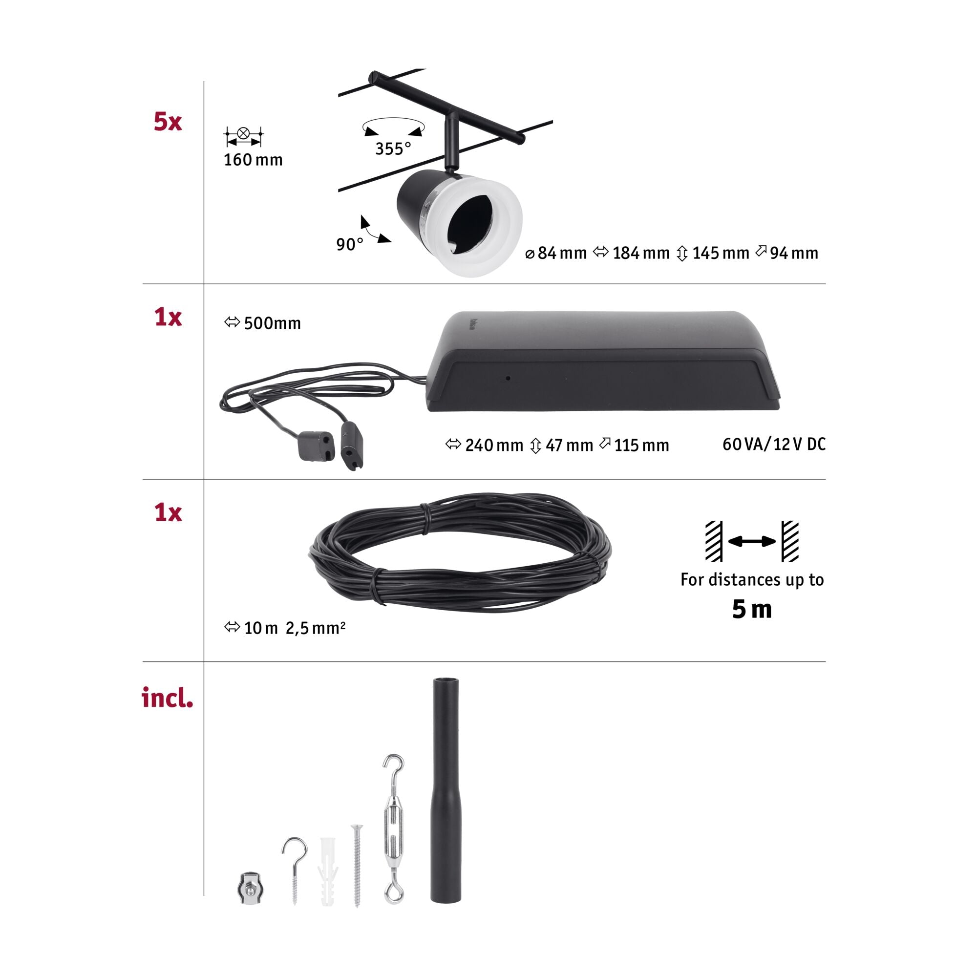 Paulmann Seilsystem Set Cone Schwarz matt,Chrom 5 Spots ohne Leuchtmittel max. 5xW GU5,3 DC 60VA