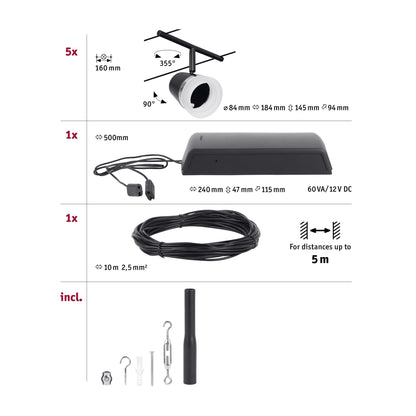 Paulmann Seilsystem Set Cone Schwarz matt,Chrom 5 Spots ohne Leuchtmittel max. 5xW GU5,3 DC 60VA