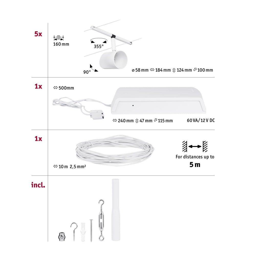 Paulmann Seilsystem Set Cup Weiß matt,Chrom 5 Spots ohne Leuchtmittel max. 5xW GU5,3 DC 60VA