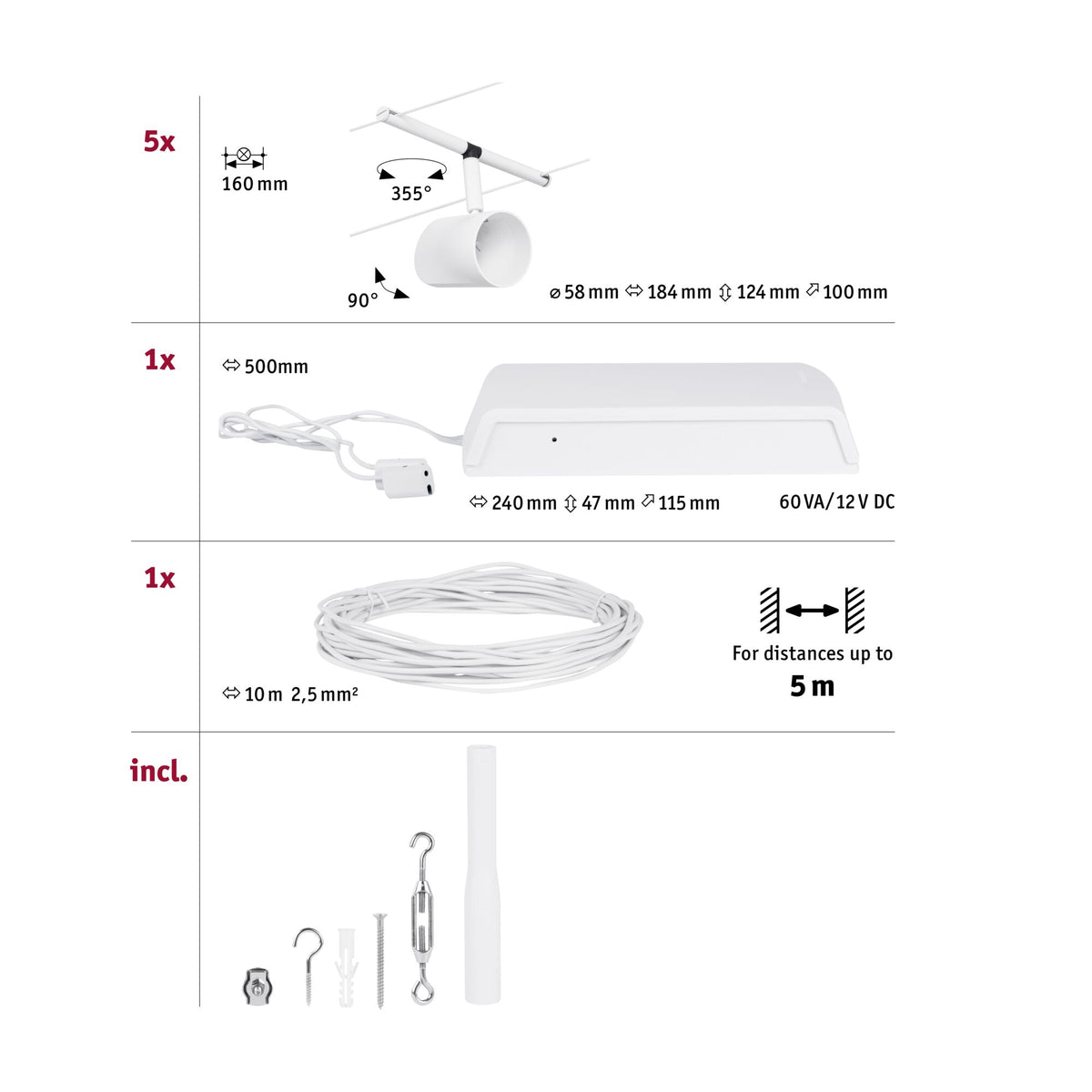 Paulmann Seilsystem Set Cup Weiß matt,Chrom 5 Spots ohne Leuchtmittel max. 5xW GU5,3 DC 60VA