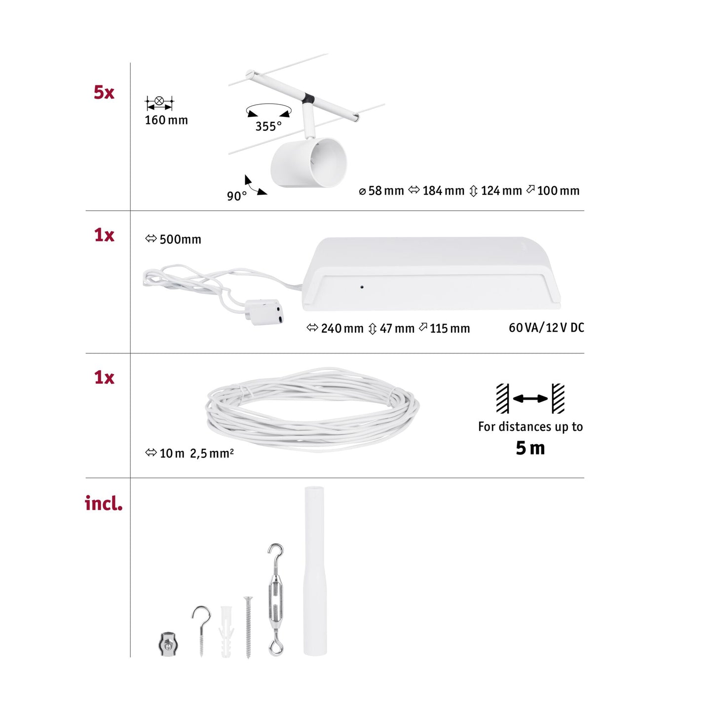 Paulmann Seilsystem Set Cup Weiß matt,Chrom 5 Spots ohne Leuchtmittel max. 5xW GU5,3 DC 60VA