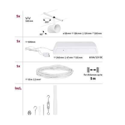 Paulmann Seilsystem Set Cup Weiß matt,Chrom 5 Spots ohne Leuchtmittel max. 5xW GU5,3 DC 60VA