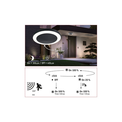 Paulmann LED Deckenaufbauleuchte Circula mit Dämmerungssensor und Bewegungsmelder IP44 rund 320mm 3000K 14W 1800lm 230V  Anthrazit Kunststoff