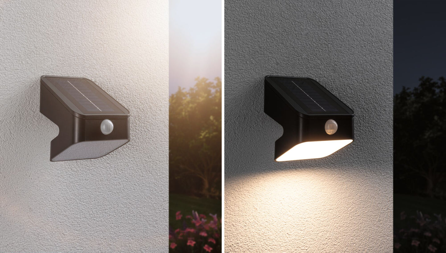 Paulmann Solar LED Wandfluter Lesly Dämmerungsgesteuerter Bewegungsmelder (IR) IP65 eckig 113x126mm 3000K 5,5W 400lm 3,7V  Anthrazit Kunststoff