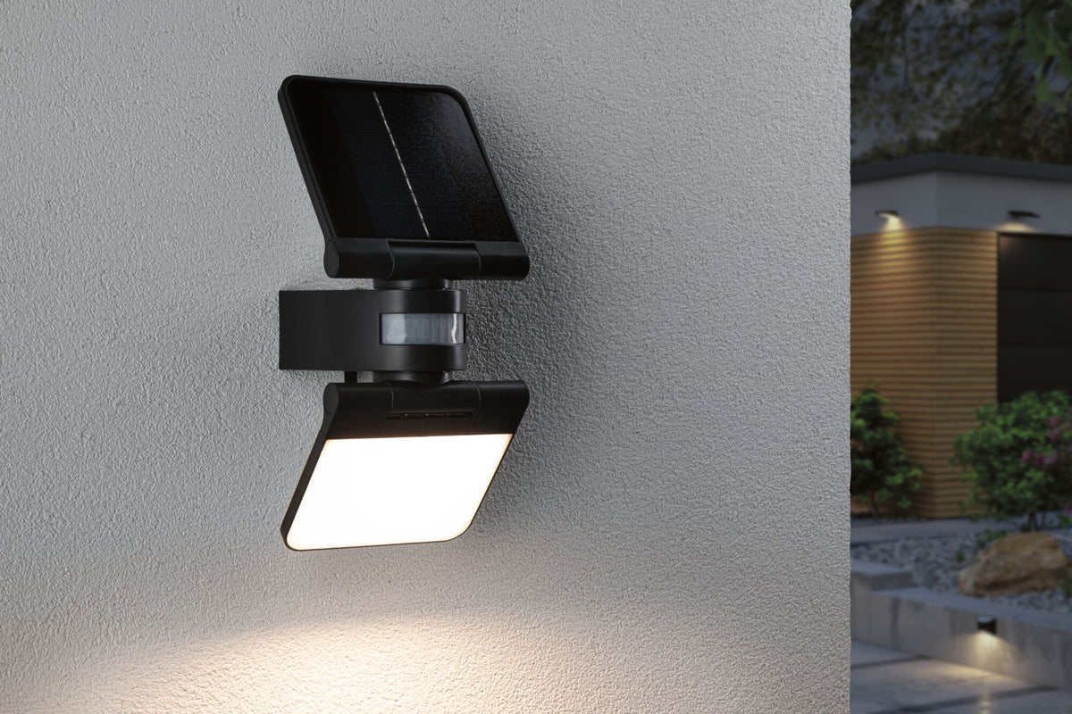 Paulmann Solar LED Wandfluter Lesla Dämmerungsgesteuerter Bewegungsmelder (IR) IP65 eckig 150x130mm 3000K 12,5W 1000lm 3,7V  Anthrazit Kunststoff