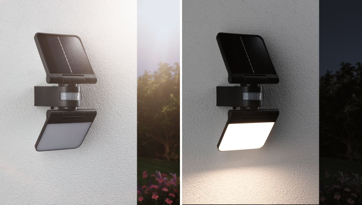 Paulmann Solar LED Wandfluter Lesla Dämmerungsgesteuerter Bewegungsmelder (IR) IP65 eckig 150x130mm 3000K 12,5W 1000lm 3,7V  Anthrazit Kunststoff