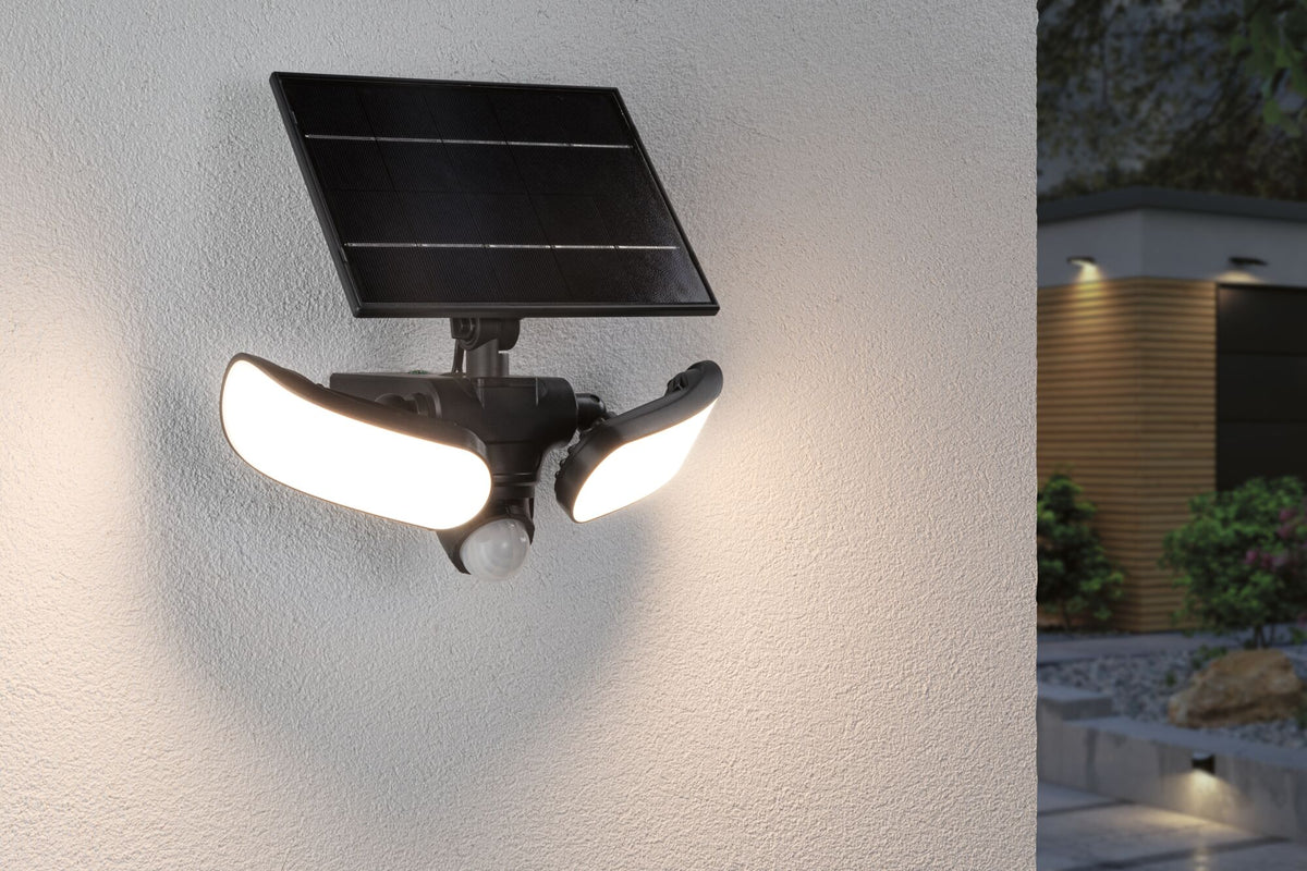 Paulmann Solar LED Wandfluter Sonlig Dämmerungsgesteuerter Bewegungsmelder (IR) IP65 eckig 286x137mm 3000K 2x9W 2x1100lm 3,7V  Anthrazit Kunststoff