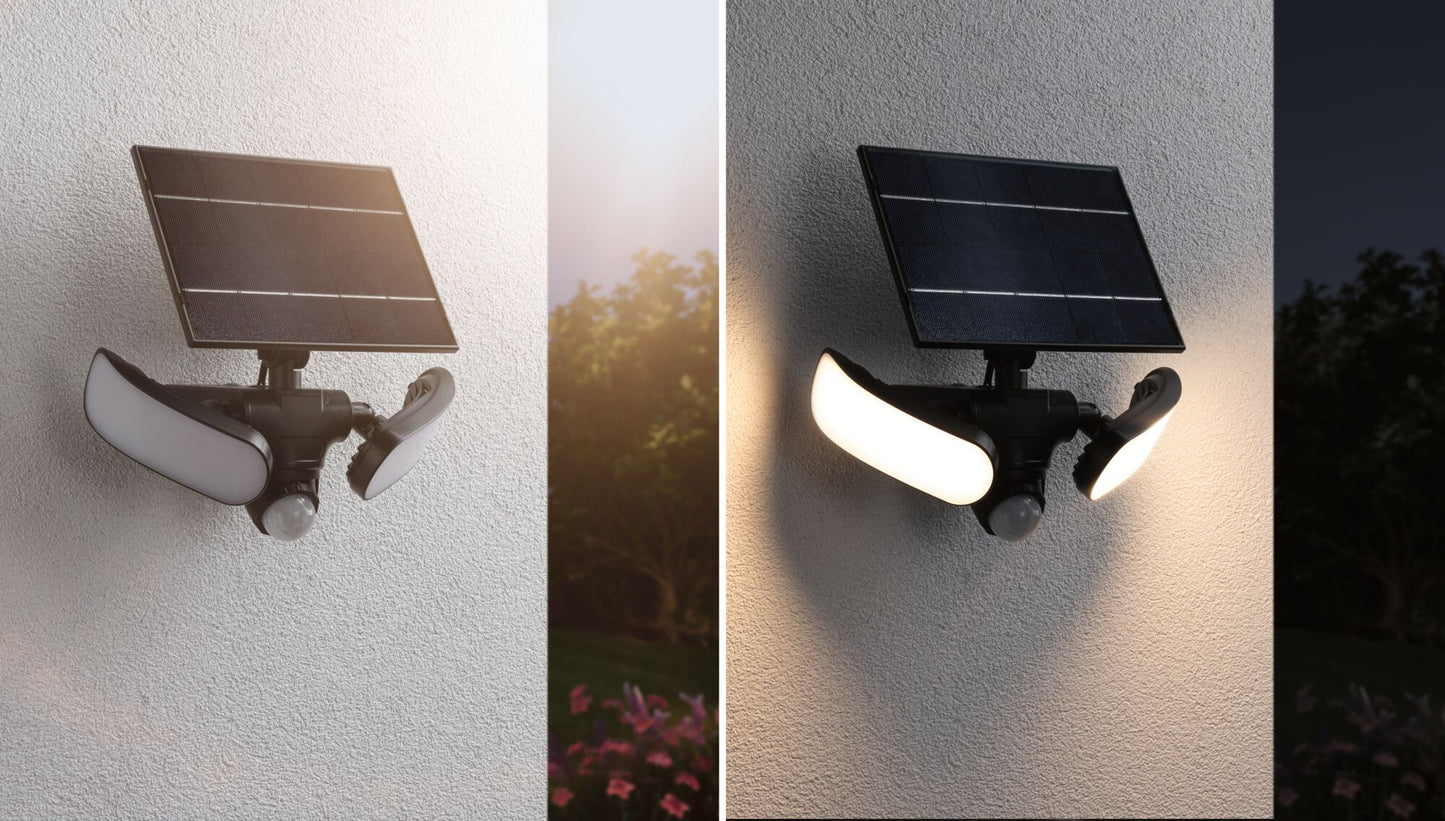Paulmann Solar LED Wandfluter Sonlig Dämmerungsgesteuerter Bewegungsmelder (IR) IP65 eckig 286x137mm 3000K 2x9W 2x1100lm 3,7V  Anthrazit Kunststoff