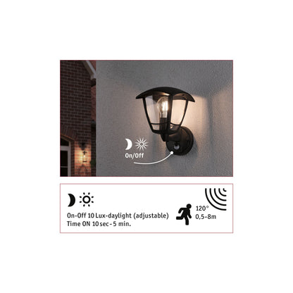 Paulmann Außenwandleuchte Classic Curved mit Bewegungsmelder IP44 eckig 164x180mm  max. 12W  230V  Schwarz Kunststoff
