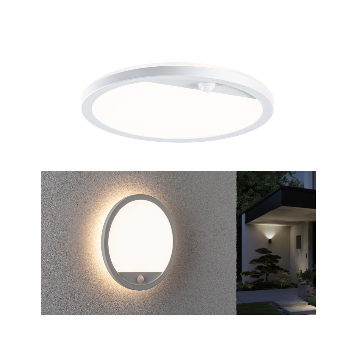 Paulmann LED Außenpanel Lamina mit Bewegungsmelder IP44 rund 280mm 1200lm 14,5W 3000K  Weiß mit Hintergrundlicht