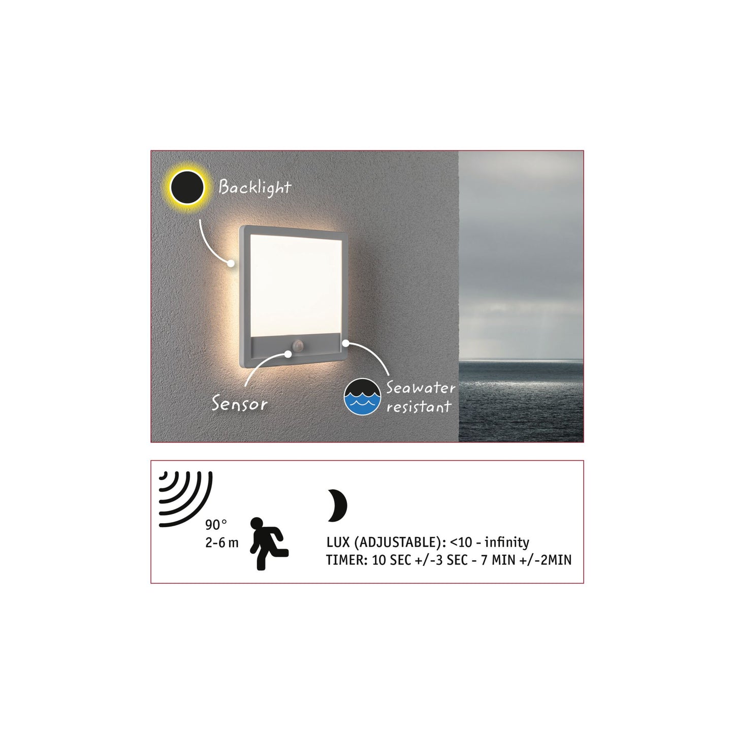 Paulmann LED Außenpanel Lamina mit Bewegungsmelder IP44 eckig 250x250mm 950lm 14,5W 3000K  Weiß mit Hintergrundlicht