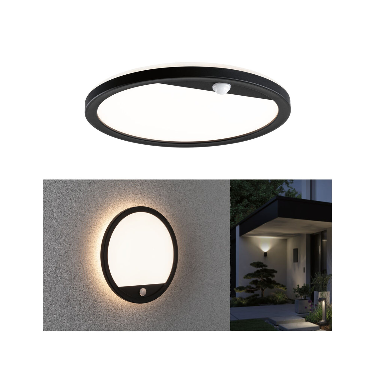 Paulmann LED Außenpanel Lamina mit Bewegungsmelder IP44 rund 280mm 1200lm 14,5W 3000K  Schwarz mit Hintergrundlicht