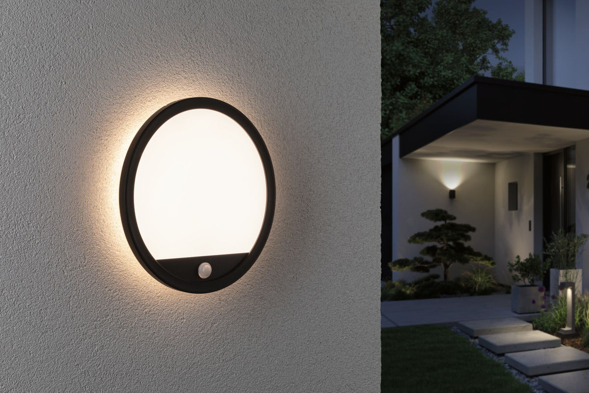 Paulmann LED Außenpanel Lamina mit Bewegungsmelder IP44 rund 280mm 1200lm 14,5W 3000K  Schwarz mit Hintergrundlicht