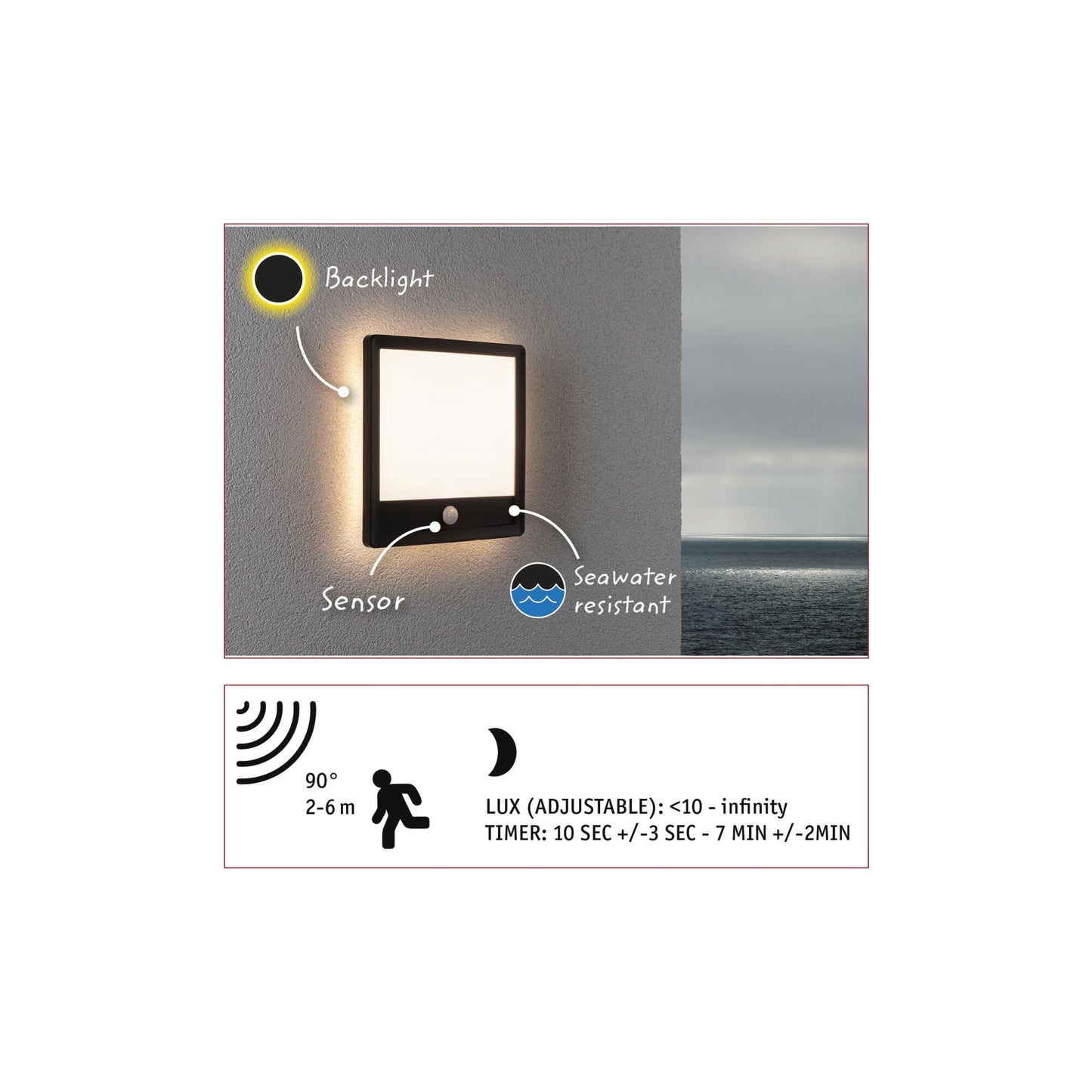 Paulmann LED Außenpanel Lamina mit Bewegungsmelder IP44 eckig 250x250mm 950lm 14,5W 3000K  Schwarz mit Hintergrundlicht
