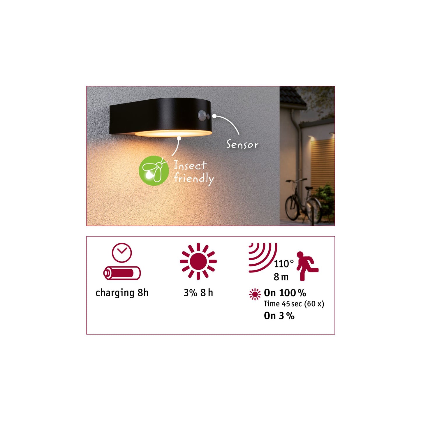 Paulmann Solar LED Außenwandleuchte Eileen Bewegungsmelder IP44 2200K 300lm Schwarz
