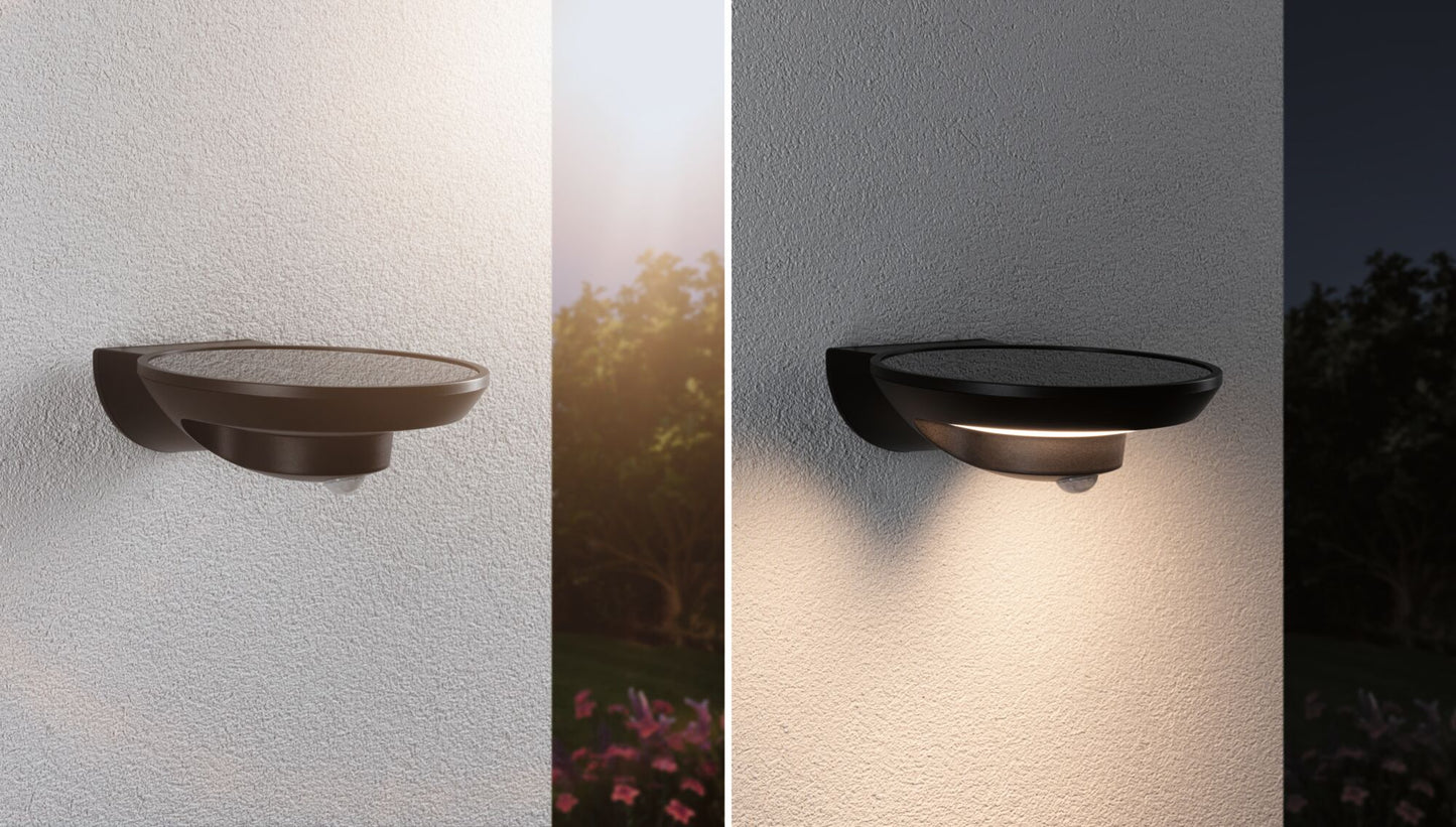 Paulmann Solar LED Außenwandleuchte Bordola Dämmerungsgesteuerter Bewegungsmelder (IR) IP44  180x211mm 3000K 3,5W 220lm 3,7V  Anthrazit Kunststoff