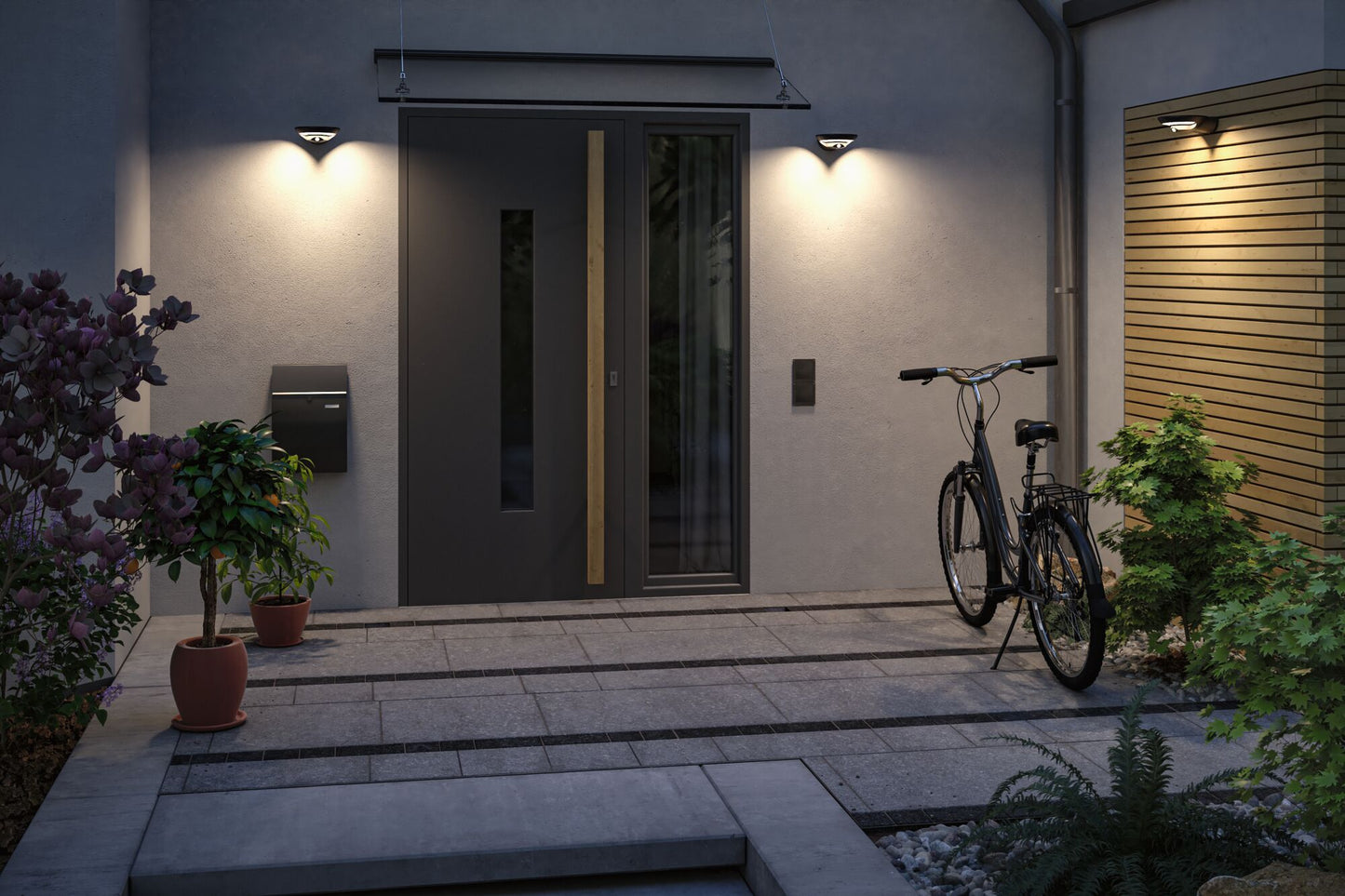 Paulmann Solar LED Außenwandleuchte Bordola Dämmerungsgesteuerter Bewegungsmelder (IR) IP44  180x211mm 3000K 3,5W 220lm 3,7V  Anthrazit Kunststoff