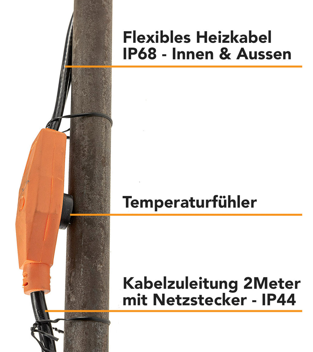 Heizkabel mit Temperaturfühler, 8m 128Watt, Frostschutz für Wasserleitungen