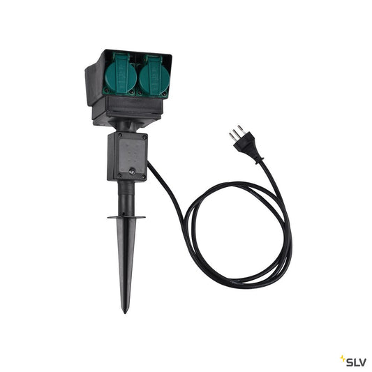 SLV 4-Fach Gartensteckdose, schwarz, Schweiz Version, 1,5m Anschlusskabel, IP44