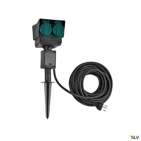 SLV 4-Fach Gartensteckdose, schwarz, Schweiz Version, 10m Anschlusskabel, IP44