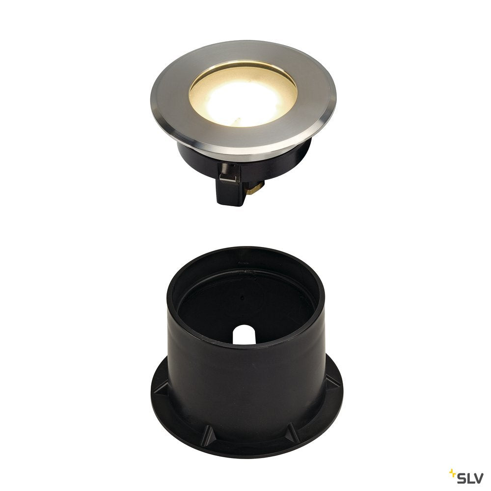 SLV DASAR FLAT LED 230V Bodenein- baustrahler, rund, 4,3W LED, warmweiss, Edelstahlblende
