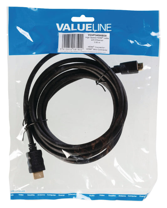 Valueline High Speed HDMI Kabel mit Ethernet HDMI Anschluss - HDMI Mini Stecker 3.00 m Schwarz