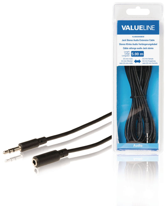 Valueline Stereo-Audio-Verlängerungskabel 3.5 mm male - 3.5 mm female 5.00 m Schwarz