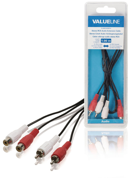 Valueline Stereo-Audio-Verlängerungskabel 2x RCA male - 2x RCA female 1.00 m Schwarz